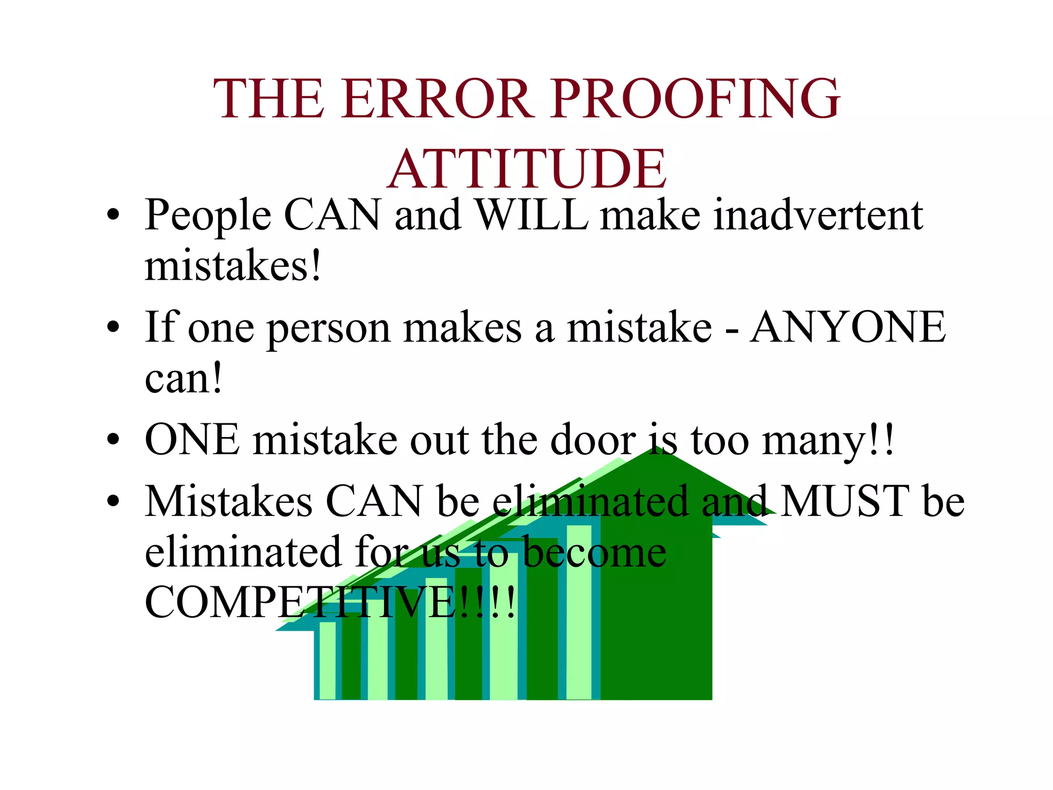 THE ERROR PROOFING
ATTITUDE
• People CAN and WILL make inadvertent
mistakes!
• If one person makes a mistake - ANYONE
can!
• ONE mistake out the door is too many!!
• Mistakes CAN be eliminated and MUST be
eliminated for us to become
COMPETITIVE!!!!
 