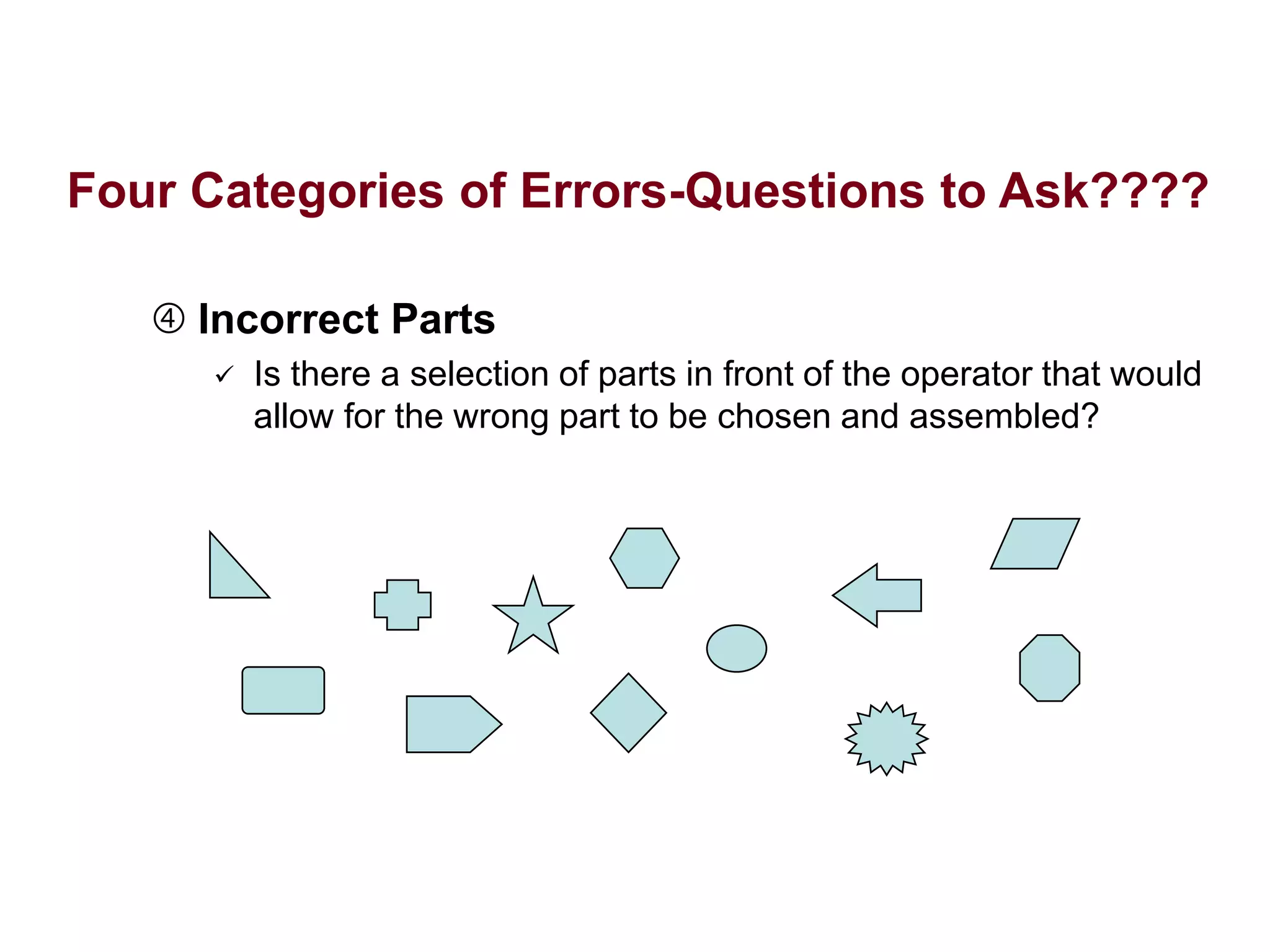  Incorrect Parts
 Is there a selection of parts in front of the operator that would
allow for the wrong part to be chosen and assembled?
Four Categories of Errors-Questions to Ask????
 