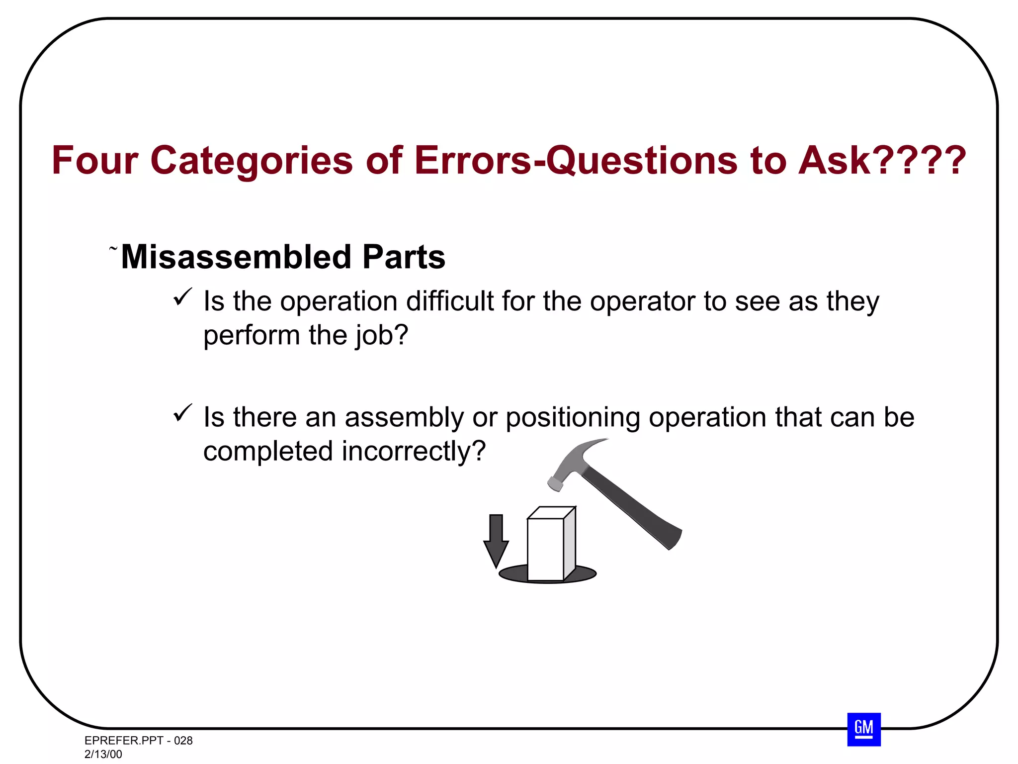 Misassembled Parts Is the operation difficult for the operator to see as they perform the job? Is there an assembly or positioning operation that can be completed incorrectly? Four Categories of Errors-Questions to Ask???? 