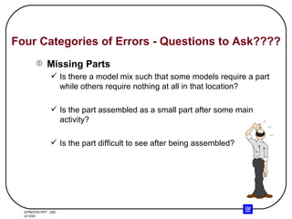 Four Categories of Errors - Questions to Ask???? Missing Parts Is there a model mix such that some models require a part while others require nothing at all in that location? Is the part assembled as a small part after some main activity? Is the part difficult to see after being assembled? 