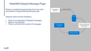 12
www.luxoft.com
RabbitMQ Delayed Message Plugin
Plugin is considered experimental, but it can solve
the problem of exponential backoff quite well.
However, there are few limitations:
• There is no replication of delayed messages
• Delay is not persisted
• There is a limit for the number of messages
 
