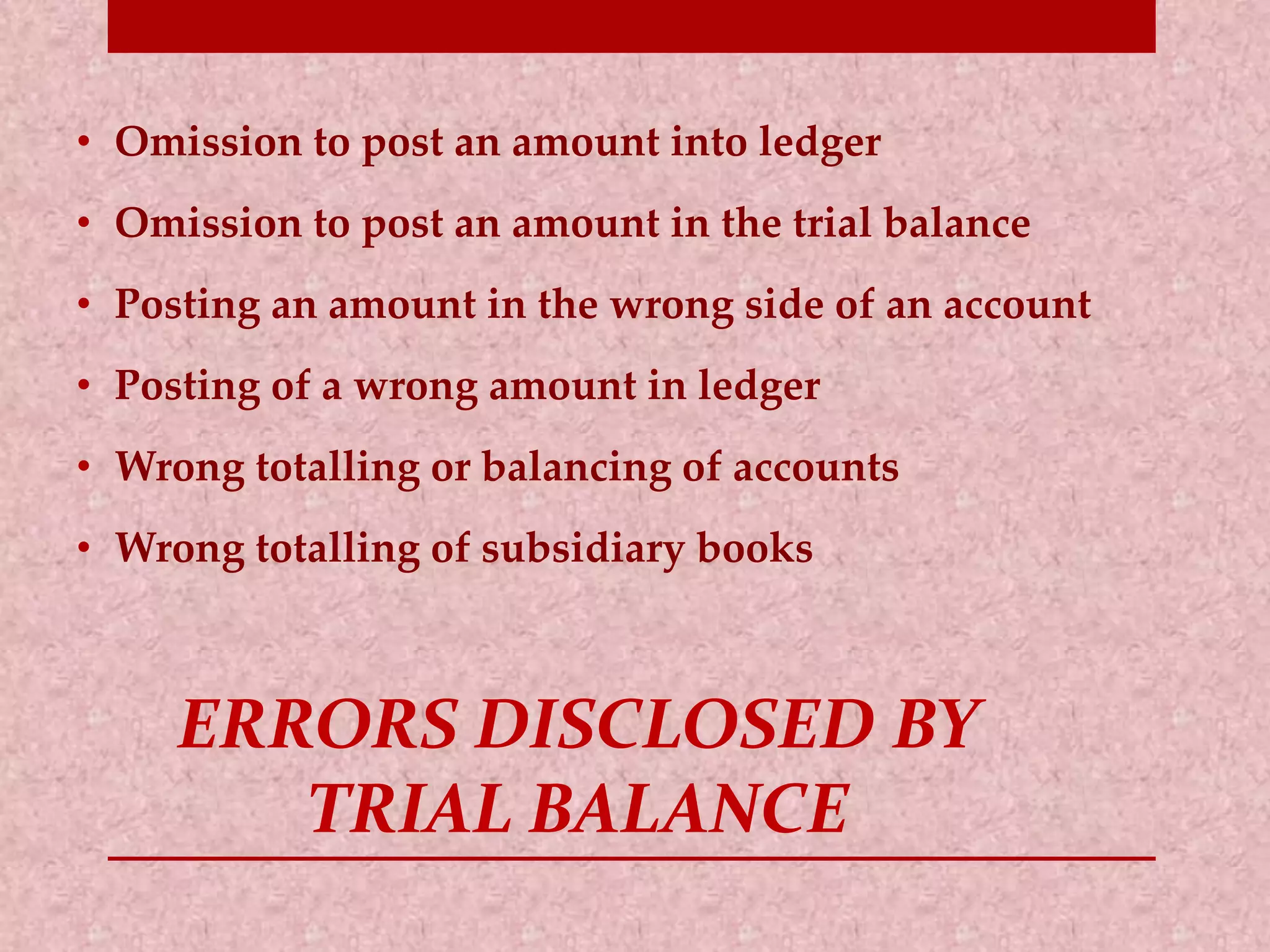 • Omission to post an amount into ledger 
• Omission to post an amount in the trial balance 
• Posting an amount in the wrong side of an account 
• Posting of a wrong amount in ledger 
• Wrong totalling or balancing of accounts 
• Wrong totalling of subsidiary books 
ERRORS DISCLOSED BY 
TRIAL BALANCE 
 