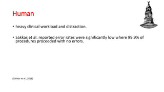 Human
• heavy clinical workload and distraction.
• Sakkas et al. reported error rates were significantly low where 99.9% of
procedures proceeded with no errors.
(Sakkas et al., 2018)
 