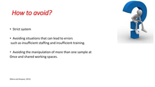 How to avoid?
• Strict system
• Avoiding situations that can lead to errors
such as insufficient staffing and insufficient training.
• Avoiding the manipulation of more than one sample at
Once and shared working spaces.
(Maria and Amparo, 2013)
 