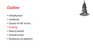 Outline
• Introduction
• Incidence
• Causes of IVF errors
• Grading
• How to Avoid
• Clinical errors
• Disclosure to patients
 