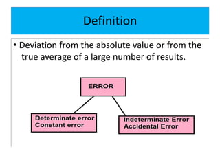 Definition
• Deviation from the absolute value or from the
true average of a large number of results.
 