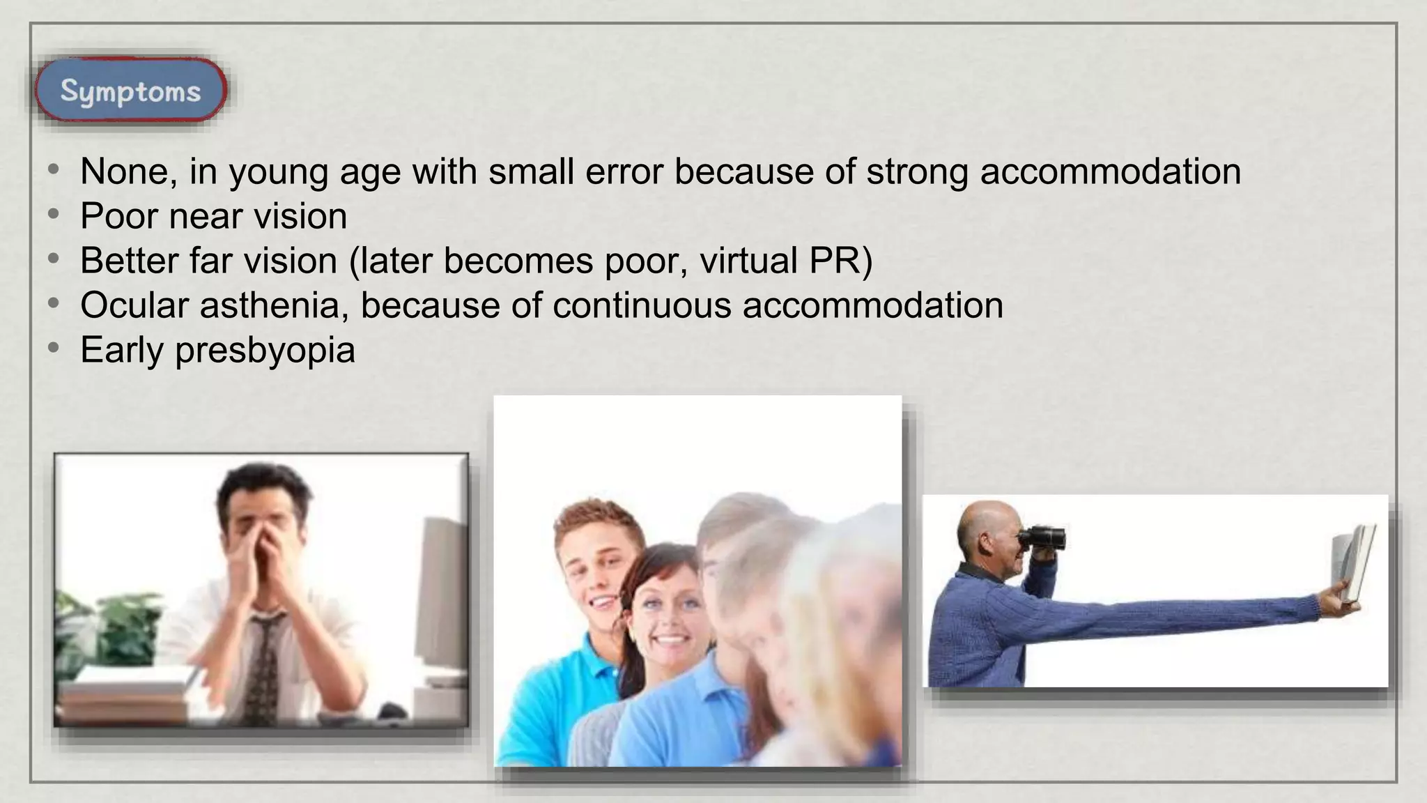 • None, in young age with small error because of strong accommodation
• Poor near vision
• Better far vision (later becomes poor, virtual PR)
• Ocular asthenia, because of continuous accommodation
• Early presbyopia
 
