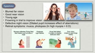 • Blurred far vision
• Good near vision
• Young age
• Frowning in trial to improve vision
• Defective night vision (Dilated pupil increases effect of aberrations)
• Retinal symptoms: musca, photopsia (In high myopia > 6 D)
 