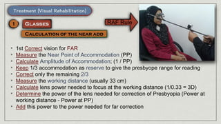• 1st Correct vision for FAR
• Measure the Near Point of Accommodation (PP)
• Calculate Amplitude of Accommodation; (1 / PP)
• Keep 1/3 accommodation as reserve to give the presbyope range for reading
• Correct only the remaining 2/3
• Measure the working distance (usually 33 cm)
• Calculate lens power needed to focus at the working distance (1/0.33 = 3D)
• Determine the power of the lens needed for correction of Presbyopia (Power at
working distance - Power at PP)
• Add this power to the power needed for far correction
RAF Rule
 
