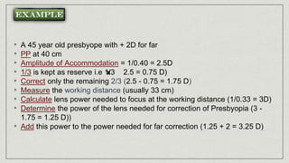 • A 45 year old presbyope with + 2D for far
• PP at 40 cm
• Amplitude of Accommodation = 1/0.40 = 2.5D
• 1/3 is kept as reserve i.e 1/3 2.5 = 0.75 D)
• Correct only the remaining 2/3 (2.5 - 0.75 = 1.75 D)
• Measure the working distance (usually 33 cm)
• Calculate lens power needed to focus at the working distance (1/0.33 = 3D)
• Determine the power of the lens needed for correction of Presbyopia (3 -
1.75 = 1.25 D))
• Add this power to the power needed for far correction (1.25 + 2 = 3.25 D)
 