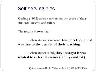 Self serving bias
Gosling (1992) asked teachers on the cause of their
students’ success and failure
The results showed that:
- when students succeed, teachers thought it
was due to the quality of their teaching
- when students fail, they thought it was
related to external causes (family context)
Qui est responsable de l’échec scolaire ? (1992 ) PUF, Paris
 