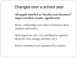 Changes over a school year
All pupils labelled as “intellectual bloomers”
improved their results significantly
Better relationships were observed between these
students and teachers
Most important roles were attributed to spurters
(keep the class, manage activities, etc.)
Errors committed were minimized by teachers
 