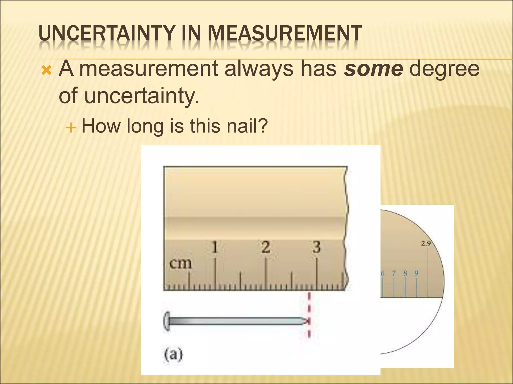 UNCERTAINTY IN MEASUREMENT
 A measurement always has some degree
of uncertainty.
 How long is this nail?
 