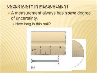UNCERTAINTY IN MEASUREMENT
 A measurement always has some degree
of uncertainty.
 How long is this nail?
 