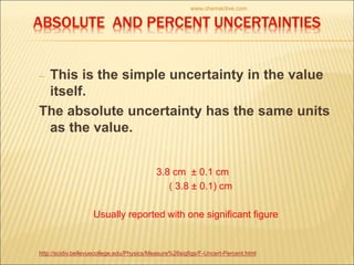 – This is the simple uncertainty in the value
itself.
The absolute uncertainty has the same units
as the value.
3.8 cm ± 0.1 cm
( 3.8 ± 0.1) cm
Usually reported with one significant figure
http://scidiv.bellevuecollege.edu/Physics/Measure%26sigfigs/F-Uncert-Percent.html
www.chemactive.com
 