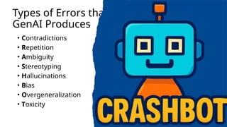 Types of Errors that
GenAI Produces
• Contradictions
• Repetition
• Ambiguity
• Stereotyping
• Hallucinations
• Bias
• Overgeneralization
• Toxicity
 