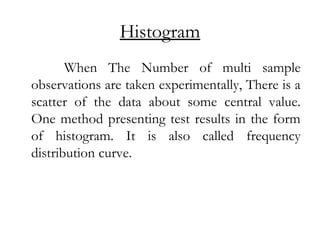 Histogram
When The Number of multi sample
observations are taken experimentally, There is a
scatter of the data about some central value.
One method presenting test results in the form
of histogram. It is also called frequency
distribution curve.
 