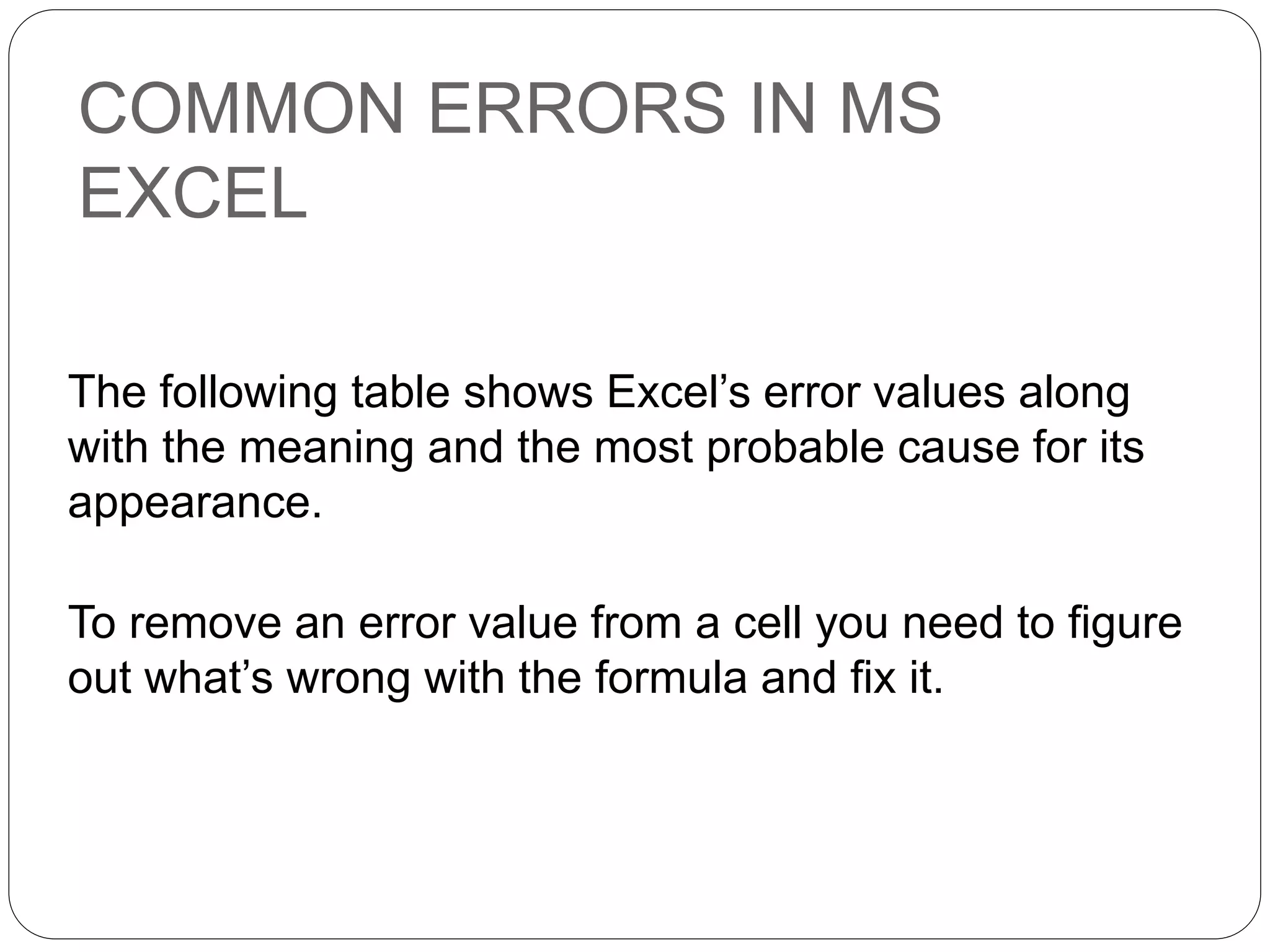 Errors in ms excel | PPTX