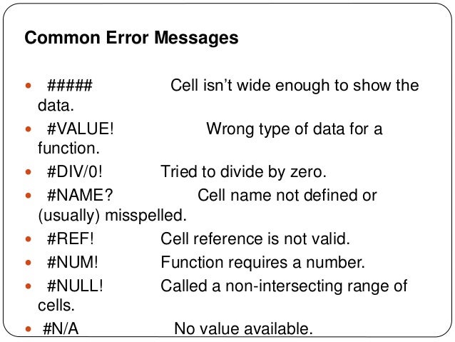 Errors In Ms Excel