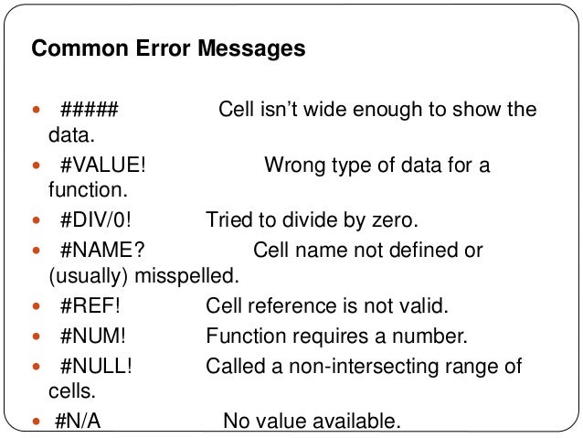 Errors In Ms Excel Errors In Ms Excel