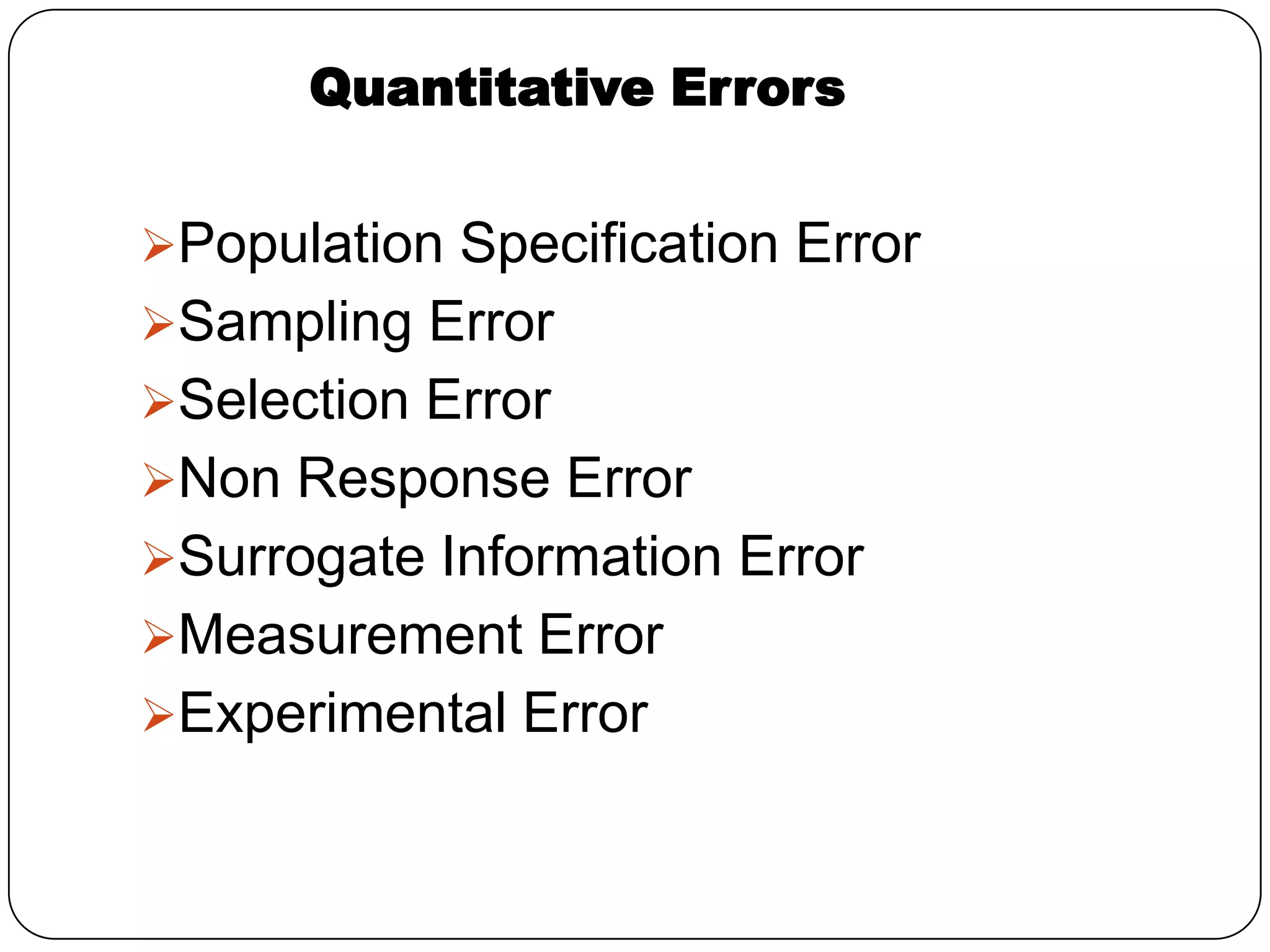 Quantitative Errors


Population Specification Error
Sampling Error
Selection Error
Non Response Error
Surrogate Information Error
Measurement Error
Experimental Error
 