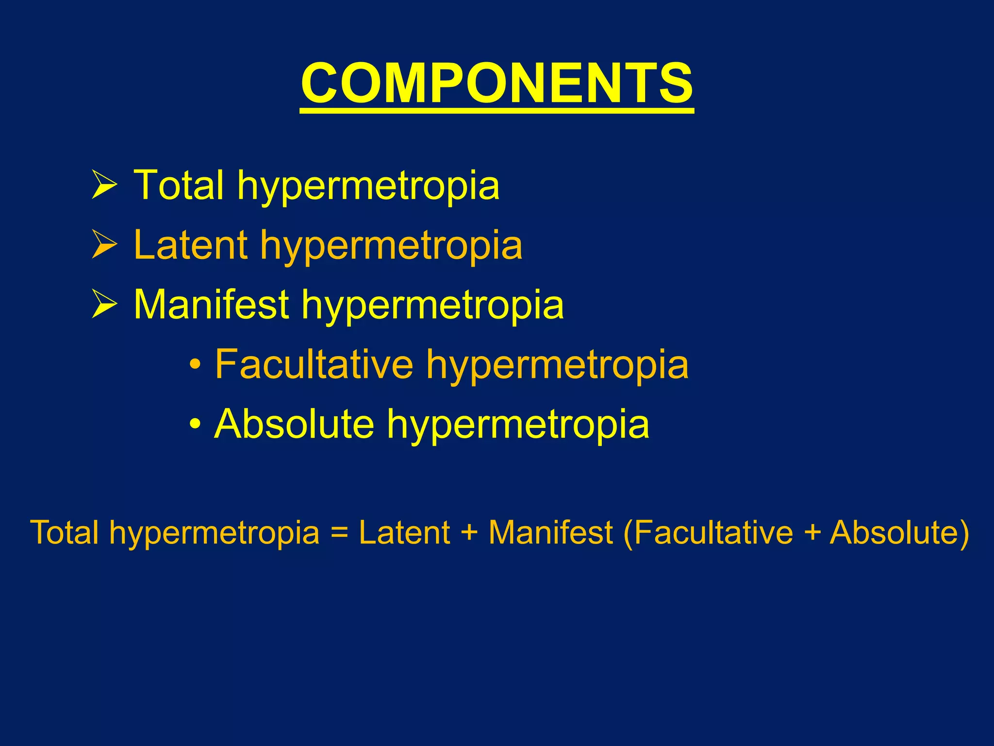 COMPONENTS
 Total hypermetropia
 Latent hypermetropia
 Manifest hypermetropia
• Facultative hypermetropia
• Absolute hypermetropia
Total hypermetropia = Latent + Manifest (Facultative + Absolute)
 