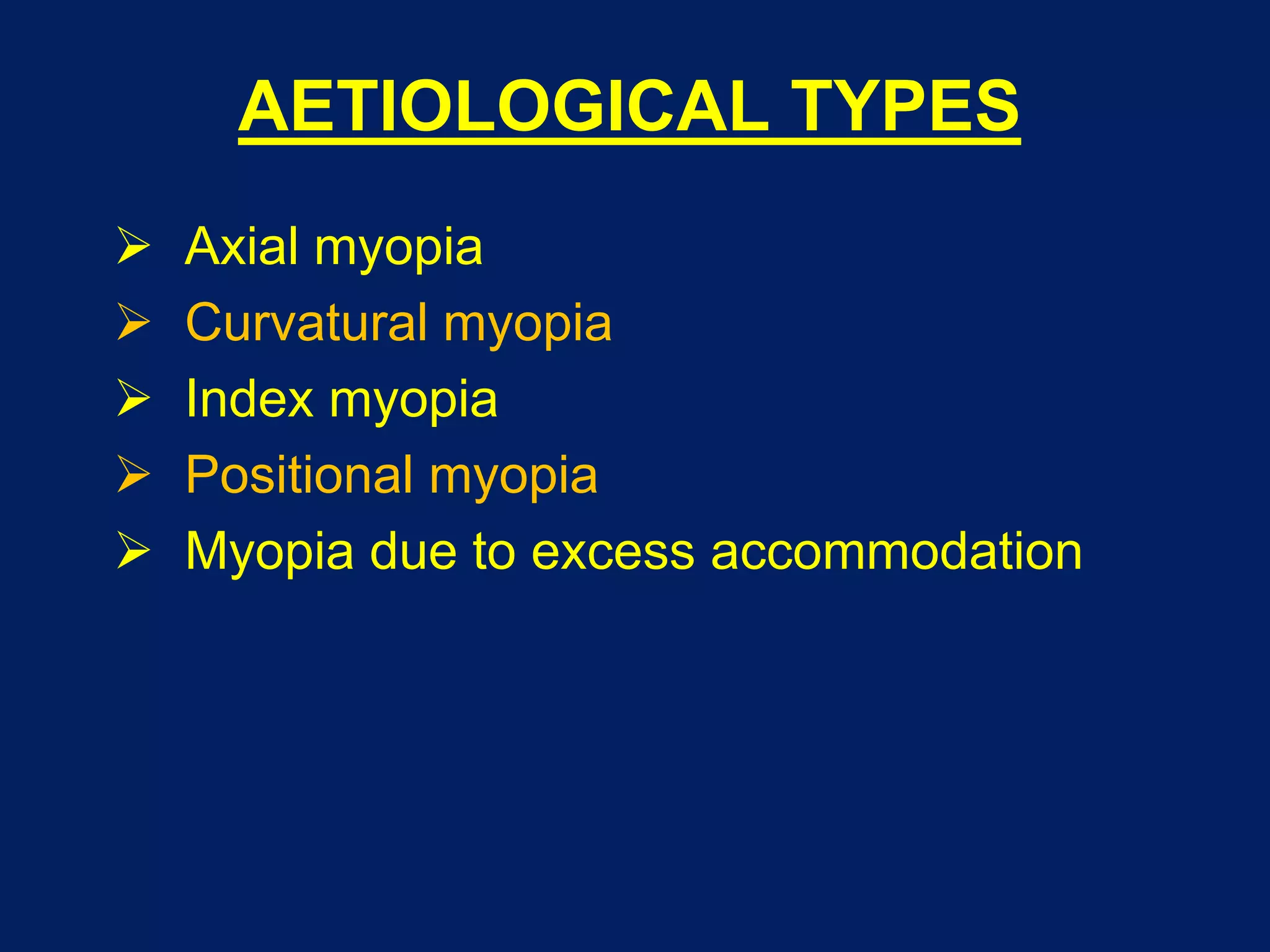 AETIOLOGICAL TYPES
 Axial myopia
 Curvatural myopia
 Index myopia
 Positional myopia
 Myopia due to excess accommodation
 