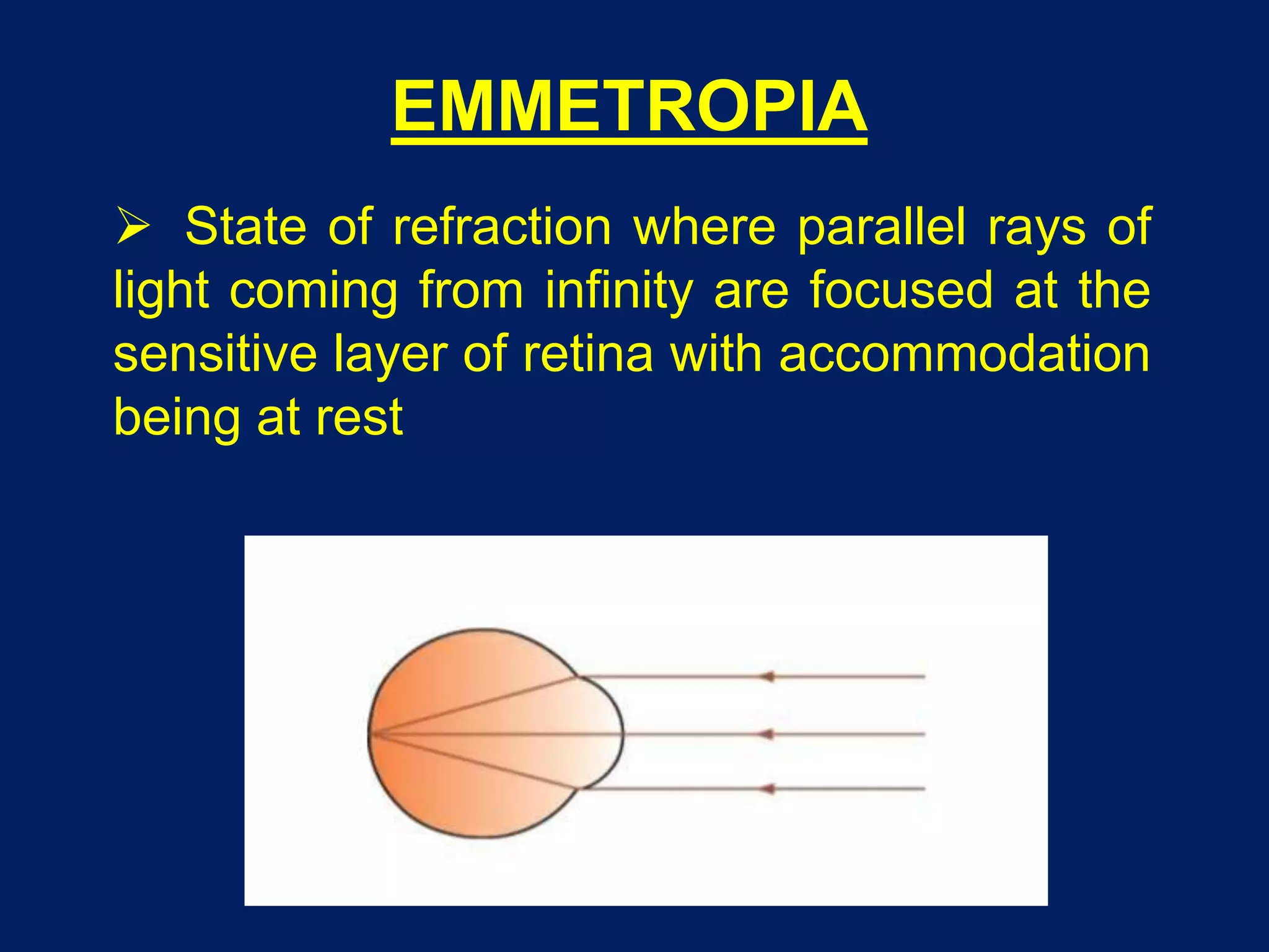 EMMETROPIA
 State of refraction where parallel rays of
light coming from infinity are focused at the
sensitive layer of retina with accommodation
being at rest
 
