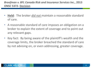 10 
Bronfman v. BFL Canada Risk and Insurance Services Inc., 2013 
ONSC 5372- Decision 
• Held: The broker did not maintain a reasonable standard 
of care. 
• A reasonable standard of care imposes an obligation on a 
broker to explain the extent of coverage and to point out 
any relevant gaps. 
• Key fact: By being aware of the plaintiff’s wealth and the 
coverage limits, the broker breached the standard of care 
by not advising on, or even addressing, greater coverage. 
 