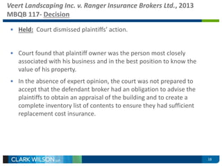 Veert Landscaping Inc. v. Ranger Insurance Brokers Ltd., 2013 
MBQB 117- Decision 
• Held: Court dismissed plaintiffs’ action. 
• Court found that plaintiff owner was the person most closely 
associated with his business and in the best position to know the 
value of his property. 
• In the absence of expert opinion, the court was not prepared to 
accept that the defendant broker had an obligation to advise the 
plaintiffs to obtain an appraisal of the building and to create a 
complete inventory list of contents to ensure they had sufficient 
replacement cost insurance. 
18 
 
