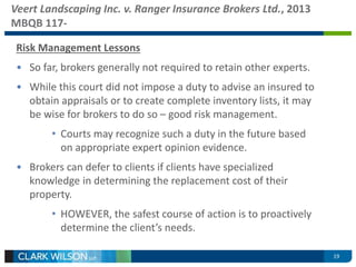 Veert Landscaping Inc. v. Ranger Insurance Brokers Ltd., 2013 
MBQB 117- 
Risk Management Lessons 
• So far, brokers generally not required to retain other experts. 
• While this court did not impose a duty to advise an insured to 
obtain appraisals or to create complete inventory lists, it may 
be wise for brokers to do so – good risk management. 
• Courts may recognize such a duty in the future based 
on appropriate expert opinion evidence. 
• Brokers can defer to clients if clients have specialized 
knowledge in determining the replacement cost of their 
property. 
• HOWEVER, the safest course of action is to proactively 
determine the client’s needs. 
19 
 