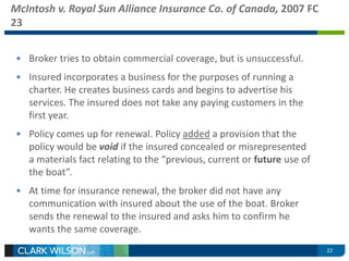 McIntosh v. Royal Sun Alliance Insurance Co. of Canada, 2007 FC 
23 
• Broker tries to obtain commercial coverage, but is unsuccessful. 
• Insured incorporates a business for the purposes of running a 
charter. He creates business cards and begins to advertise his 
services. The insured does not take any paying customers in the 
first year. 
• Policy comes up for renewal. Policy added a provision that the 
policy would be void if the insured concealed or misrepresented 
a materials fact relating to the “previous, current or future use of 
the boat”. 
• At time for insurance renewal, the broker did not have any 
communication with insured about the use of the boat. Broker 
sends the renewal to the insured and asks him to confirm he 
wants the same coverage. 
22 
 