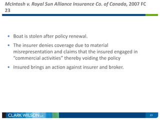 McIntosh v. Royal Sun Alliance Insurance Co. of Canada, 2007 FC 
23 
• Boat is stolen after policy renewal. 
• The insurer denies coverage due to material 
misrepresentation and claims that the insured engaged in 
“commercial activities” thereby voiding the policy 
• Insured brings an action against insurer and broker. 
23 
 