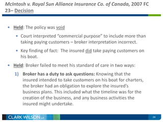 McIntosh v. Royal Sun Alliance Insurance Co. of Canada, 2007 FC 
23– Decision 
• Held: The policy was void 
• Court interpreted “commercial purpose” to include more than 
taking paying customers – broker interpretation incorrect. 
• Key finding of fact: The insured did take paying customers on 
his boat. 
• Held: Broker failed to meet his standard of care in two ways: 
1) Broker has a duty to ask questions: Knowing that the 
insured intended to take customers on his boat for charters, 
the broker had an obligation to explore the insured’s 
business plans. This included what the timeline was for the 
creation of the business, and any business activities the 
insured might undertake. 
24 
 