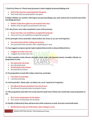 2 ERROR SPOTTING RULES- PDF| BankExamsToday
7. Each of or None of + Plural noun/pronoun is takes singular pronoun/helping verb
 Each of the boys have participated in the game.
 Each of the boys has participated in the game.
8. Either/Neither are used for referring to two persons/things; any, none and no one is used for more than
two things/persons
 Neither of the three girls was presented in the class.
 Neither of the two girls was presented in the class.
9. If+ she/I/you+ were takes nominative cases of the pronoun.
 If you were him, you would have accepted the proposal.
 If you were he, you would have accepted the proposal.
10. If a principle verb is used after: about, before, for, from, in, on, use verb+ing form.
 You must tell me before taking any decision.
 You must inform the examiner after completing your exam
11. Say/suggest/ propose/speak/reply/explain/listen/write is always followed by to.
 I suggest you take some rest.
 I suggest you to take some rest.
12. After transitive verbs; discuss, describe, reach, order, tell, demand, attack, resemble, ridicule, no
preposition is used.
 He ordered for the food.
 He ordered the food.
 He demands to his release.
 He demands his release.
13. No preposition is used after today, tomorrow, yesterday.
 I met him on yesterday.
 I met him yesterday.
14. Verb used after “about, after, at, before, for, in on” must be in V+ing form.
 He will meet his parents before leave for France.
 He will meet his parents before leaving for France.
15. The preposition used after two words must be made clear if these two words take some preposition or
not.
 He is aware and prepare for his duties.
 He is aware of and prepare for his duties.
16. Hardly is followed by then and inversion of the sentences is used. Scarcely is used with when
 Hardly had we step out of the home, when it began to rain.
 