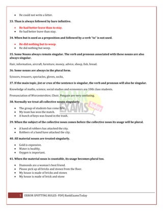 5 ERROR SPOTTING RULES- PDF| BankExamsToday
 He could not write a letter.
33. Than is always followed by bare infinitive.
 He had better leave than to stay.
 He had better leave than stay.
34. When but is used as a preposition and followed by a verb “to” is not used.
 He did nothing but to weep.
 He did nothing but weep.
35. Some Nouns always remain singular. The verb and pronoun associated with these nouns are also
always singular.
Hair, information, aircraft, furniture, money, advice, sheep, fish, bread.
36. Some nouns are always in the plural form.
Scissors, trousers, spectacles, gloves, socks,
37. If the main topic, jist or crux of the sentence is singular, the verb and pronoun will also be singular.
Knowledge of maths, science, social studies and economics are 10th class students.
Pronunciation of Worcestershire, Choir, Penguin are very confusing.
38. Normally we treat all collective nouns singularly.
 The group of students has come first.
 My team has won the match.
 A bunch of keys was found in the trash.
39. When the subject of the collective noun comes before the collective noun its usage will be plural.
 A band of robbers has attacked the city.
 Robbers of a band have attacked the city.
40. All material nouns are treated singularly.
 Gold is expensive.
 Water is healthy.
 Oxygen is important.
41. When the material noun is countable, its usage becomes plural too.
 Diamonds are a woman's best friend.
 Please pick up all bricks and stones from the floor.
 My house is made of bricks and stones
 My house is made of brick and stone
 