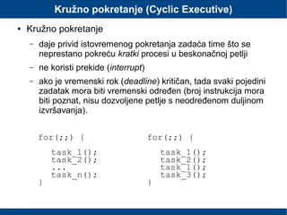 Kružno pokretanje (Cyclic Executive)
● Kružno pokretanje
– daje privid istovremenog pokretanja zadaća time što se
neprestano pokreću kratki procesi u beskonačnoj petlji
– ne koristi prekide (interrupt)
– ako je vremenski rok (deadline) kritičan, tada svaki pojedini
zadatak mora biti vremenski određen (broj instrukcija mora
biti poznat, nisu dozvoljene petlje s neodređenom duljinom
izvršavanja).
for(;;) {
task_1();
task_2();
...
task_n();
}
for(;;) {
task_1();
task_2();
task_1();
task_3();
}
 
