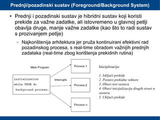 Prednji/pozadinski sustav (Foreground/Background System)
● Prednji i pozadinski sustav je hibridni sustav koji koristi
prekide za važne zadatke, ali istovremeno u glavnoj petlji
obavlja druge, manje važne zadatke (kao što to radi sustav
s prozivanjem petlje)
– Najkorištenija arhitektura jer pruža kontinuirani efektivni rad
pozadinskog procesa, s real-time obradom važnijih prednjih
zadataka (real-time zbog korištenja prekidnih rutina)
Inicijalizacija:
1. Isključi prekide
2. Postavi prekidne vektore
3. Obavi test sustava
4. Obavi inicijalizaciju drugih stvari u
sustavu
5. Uključi prekide
 