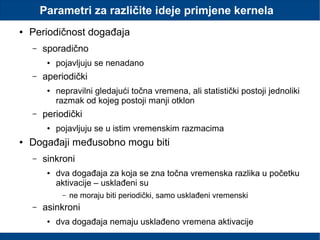 Parametri za različite ideje primjene kernela
● Periodičnost događaja
– sporadično
● pojavljuju se nenadano
– aperiodički
● nepravilni gledajući točna vremena, ali statistički postoji jednoliki
razmak od kojeg postoji manji otklon
– periodički
● pojavljuju se u istim vremenskim razmacima
● Događaji međusobno mogu biti
– sinkroni
● dva događaja za koja se zna točna vremenska razlika u početku
aktivacije – usklađeni su
– ne moraju biti periodički, samo usklađeni vremenski
– asinkroni
● dva događaja nemaju usklađeno vremena aktivacije
 
