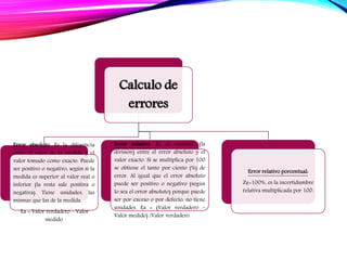 Calculo de
errores
Error absoluto. Es la diferencia
entre el valor de la medida y el
valor tomado como exacto. Puede
ser positivo o negativo, según si la
medida es superior al valor real o
inferior (la resta sale positiva o
negativa). Tiene unidades, las
mismas que las de la medida.
Ea = Valor verdadero – Valor
medido
Error relativo. Es el cociente (la
división) entre el error absoluto y el
valor exacto. Si se multiplica por 100
se obtiene el tanto por ciento (%) de
error. Al igual que el error absoluto
puede ser positivo o negativo (según
lo sea el error absoluto) porque puede
ser por exceso o por defecto. no tiene
unidades. Ea = (Valor verdadero –
Valor medido) /Valor verdadero
Error relativo porcentual:
Zε=100%, es la incertidumbre
relativa multiplicada por 100.
 