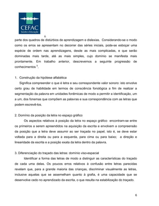 6
6
parte dos quadros de distúrbios de aprendizagem e dislexias. Considerando-se o modo
como os erros se apresentam no decorrer das séries iniciais, pode-se esboçar uma
espécie de ordem nas aprendizagens, desde as mais complicadas, e que serão
dominadas mais tarde, até as mais simples, cujo domínio se manifesta mais
prontamente. Em trabalho anterior, descrevemos a seguinte progressão de
conhecimentos 5
.
1. Construção da hipótese alfabética
Significa compreender o que é letra e seu correspondente valor sonoro: isto envolve
certo grau de habilidade em termos de consciência fonológica a fim de realizar a
segmentação da palavra em unidades fonêmicas de modo a permitir a identificação, um
a um, dos fonemas que compõem as palavras e sua correspondência com as letras que
podem escrevê-los.
2. Domínio da posição da letra no espaço gráfico
Os aspectos relativos à posição da letra no espaço gráfico encontram-se entre
os primeiros a serem apreendidos na aquisição da escrita e envolvem a compreensão
da posição que a letra deve assumir ao ser traçada no papel, isto é, se deve estar
voltada para a direita ou para a esquerda, para cima ou para baixo; a direção e
linearidade da escrita e a posição exata da letra dentro da palavra.
3. Diferenciação do traçado das letras: domínio viso-espacial
Identificar a forma das letras de modo a distinguir as características do traçado
de cada uma delas. Os poucos erros relativos à confusão entre letras parecidas
revelam que, para a grande maioria das crianças, discriminar visualmente as letras,
inclusive aquelas que se assemelham quanto à grafia, é uma capacidade que se
desenvolve cedo no aprendizado da escrita, o que resulta na estabilização do traçado.
 
