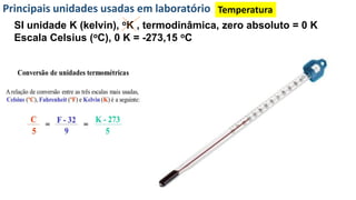 Principais unidades usadas em laboratório Temperatura
SI unidade K (kelvin), oK , termodinâmica, zero absoluto = 0 K
Escala Celsius (oC), 0 K = -273,15 oC
 