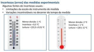 Incertezas (erros) das medidas experimentais
Algumas fontes de incertezas usuais:
• Limitações da escala do instrumento de medida
• Variações incontroláveis no decorrer do tempo da medida
Menor divisão: 1 oC
Incerteza = 0,5 oC
Leitura = (23,5 ± 0,5) oC
Menor divisão: 2 oC
Incerteza = 1 oC
Leitura = (28 ± 1) oC
 