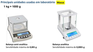 Principais unidades usadas em laboratório Massa
1 kg = 1000 g
Balança semi-analítica
Sensibilidade máxima de 0,001 g
Balança analítica
Sensibilidade máxima de 0,0001 g
 