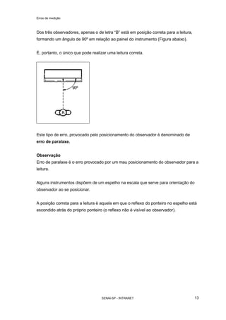 Erros de medição
SENAI-SP - INTRANET 13
Dos três observadores, apenas o de letra “B” está em posição correta para a leitura,
formando um ângulo de 90º em relação ao painel do instrumento (Figura abaixo).
É, portanto, o único que pode realizar uma leitura correta.
Este tipo de erro, provocado pelo posicionamento do observador é denominado de
erro de paralaxe.
Observação
Erro de paralaxe é o erro provocado por um mau posicionamento do observador para a
leitura.
Alguns instrumentos dispõem de um espelho na escala que serve para orientação do
observador ao se posicionar.
A posição correta para a leitura é aquela em que o reflexo do ponteiro no espelho está
escondido atrás do próprio ponteiro (o reflexo não é visível ao observador).
 