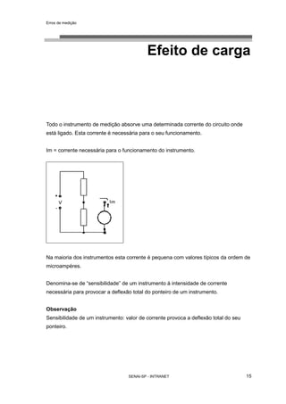 Erros de medição
SENAI-SP - INTRANET 15
Efeito de carga
Todo o instrumento de medição absorve uma determinada corrente do circuito onde
está ligado. Esta corrente é necessária para o seu funcionamento.
Im = corrente necessária para o funcionamento do instrumento.
Na maioria dos instrumentos esta corrente é pequena com valores típicos da ordem de
microampéres.
Denomina-se de “sensibilidade” de um instrumento à intensidade de corrente
necessária para provocar a deflexão total do ponteiro de um instrumento.
Observação
Sensibilidade de um instrumento: valor de corrente provoca a deflexão total do seu
ponteiro.
 