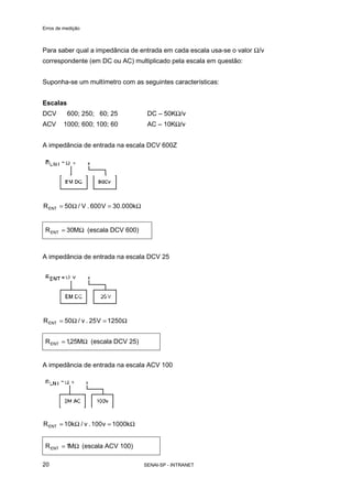 Erros de medição
SENAI-SP - INTRANET20
Para saber qual a impedância de entrada em cada escala usa-se o valor Ω/v
correspondente (em DC ou AC) multiplicado pela escala em questão:
Suponha-se um multímetro com as seguintes características:
Escalas
DCV 600; 250; 60; 25 DC – 50KΩ/v
ACV 1000; 600; 100; 60 AC – 10KΩ/v
A impedância de entrada na escala DCV 600Z
Ω=Ω= k000.30V600.V/50RENT
Ω= M30RENT (escala DCV 600)
A impedância de entrada na escala DCV 25
Ω=Ω= 1250V25.v/50RENT
Ω= M25,1RENT (escala DCV 25)
A impedância de entrada na escala ACV 100
Ω=Ω= k1000v100.v/k10RENT
Ω= M1RENT (escala ACV 100)
 