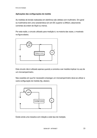 Erros de medição
SENAI-SP - INTRANET 23
Aplicações das configurações de medida
As medidas de tensão realizadas em eletrônica são obtidas com multímetro. Em geral
os multímetros tem uma característica Ω/v em DC superior a 20KΩ/v, absorvendo
correntes da ordem de 50µA ou menos.
Por esta razão, o circuito utilizado para medição é, na maioria das vezes, o mostrado
na figura abaixo.
Este circuito não é utilizado apenas quando a corrente a ser medida implicar no uso de
um microamperímetro.
Nas ocasiões em que for necessário empregar um microamperímetro deve-se utilizar a
outra configuração de medida (fig. abaixo).
Existe ainda uma ressalva com relação a este tipo de medição.
 