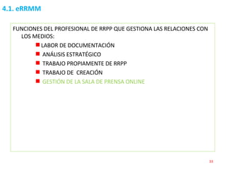 4.1. eRRMM FUNCIONES DEL PROFESIONAL DE RRPP QUE GESTIONA LAS RELACIONES CON LOS MEDIOS: LABOR DE DOCUMENTACIÓN ANÁLISIS ESTRATÉGICO TRABAJO PROPIAMENTE DE RRPP TRABAJO DE  CREACIÓN GESTIÓN DE LA SALA DE PRENSA ONLINE 