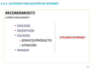 4.4.1. ACCIONES FIDELIZACIÓN EN INTERNET RECORDEMOS!!!!  ¿CÓMO FIDELIZAMOS? DIÁLOGO INCENTIVOS CALIDAD : SERVICIO/PRODUCTO ATENCIÓN IMAGEN UTILIZAR INTERNET 